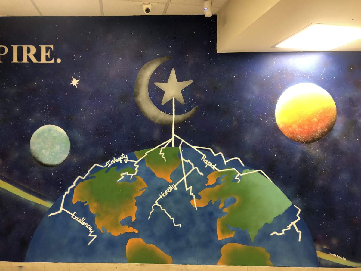 Pieces of the mural painted on the basement wall of the London Muslim Mosque by Yumna Afzaal. June 6, 2022