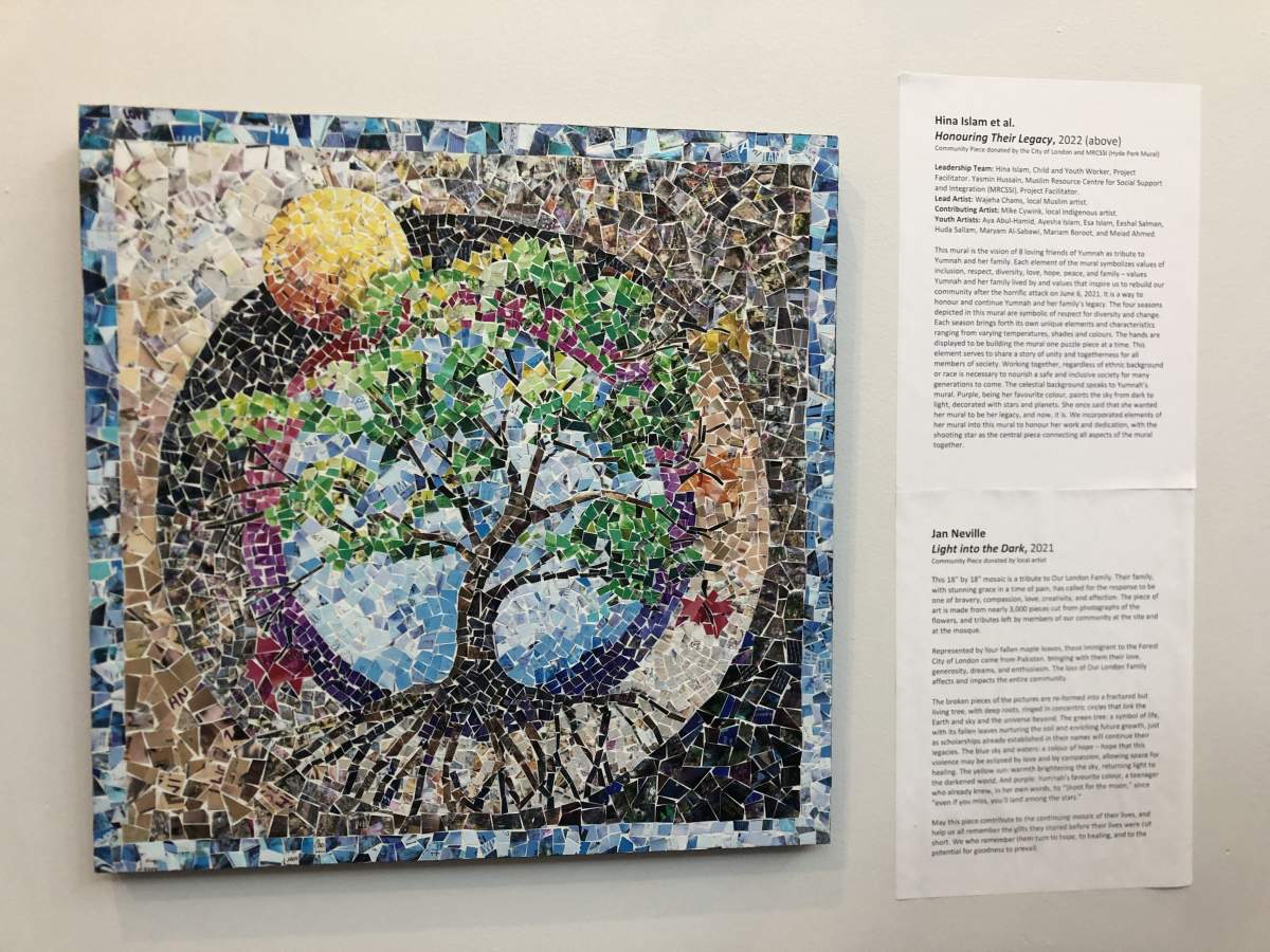 A mosaic of a tree made from scraps of pictures taken from the site of the crash and outside the mosque by Jan Neville. June 6, 2022