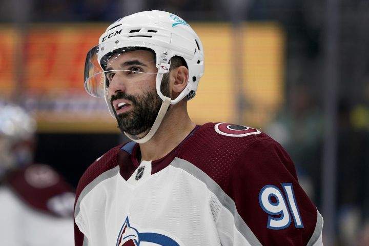 Colorado Avalanche’s Nazem Kadri looks into the stands during the second period in Game 4 of an NHL hockey Stanley Cup second-round playoff series against the St. Louis Blues Monday, May 23, 2022, in St. Louis.