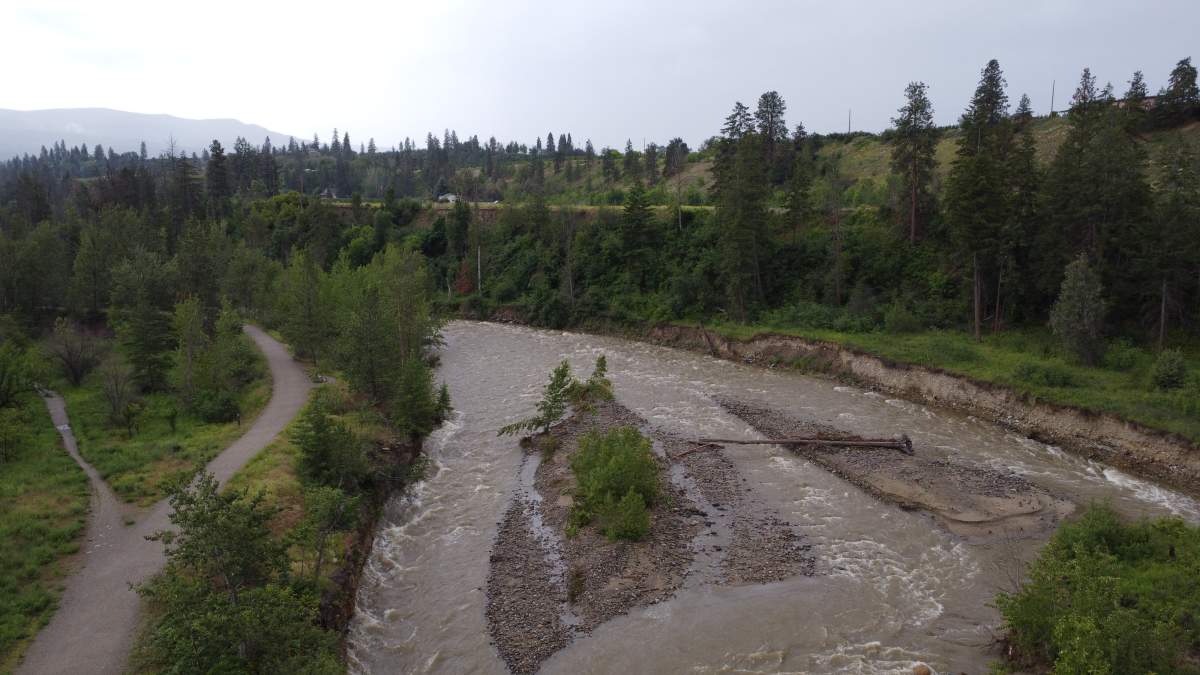 An aerial photo of Mission Creek in Kelowna. The creek recently spilled over its banks, resulting in some homes being flooded.