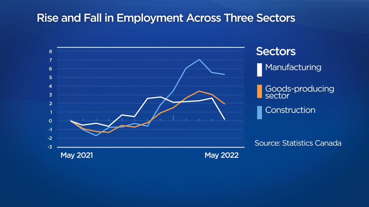 Employment in goods-producing sector falls in May, employment change (%) compared with May 2021 (StatCan)