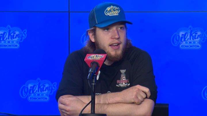 Oil Kings captain Jake Neighbours speaks to reporters on June 17, 2022.