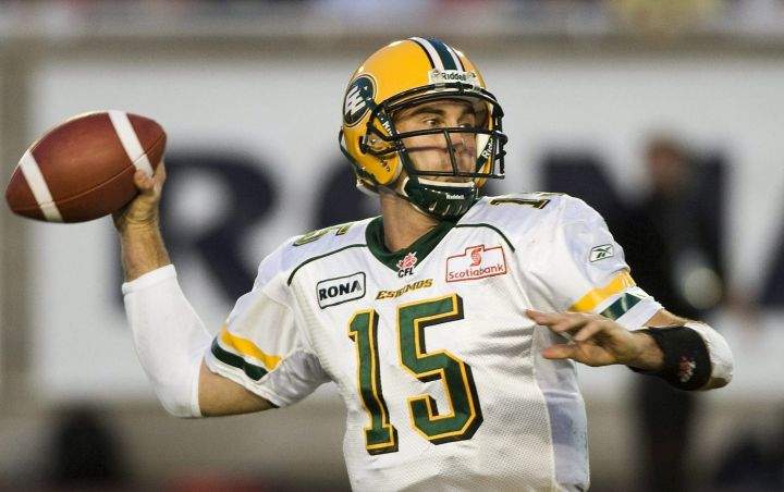 Edmonton quarterback Ricky Ray throws a pass during first half CFL football action against the Montreal Alouettes in Montreal, Thursday, August 11, 2011.