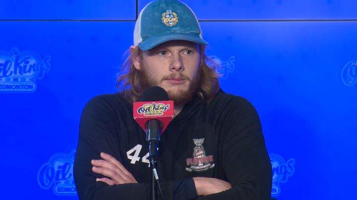 Oil Kings forward Carter Souch speaks to reporters on June 17, 2022.