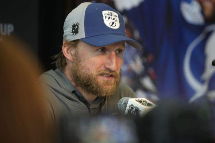 Tampa Bay Lightning centre Steven Stamkos responds to questions during an NHL hockey media day before Game 1 of the Stanley Cup Finals, Tuesday, June 14, 2022, in Denver. (AP Photo/David Zalubowski)