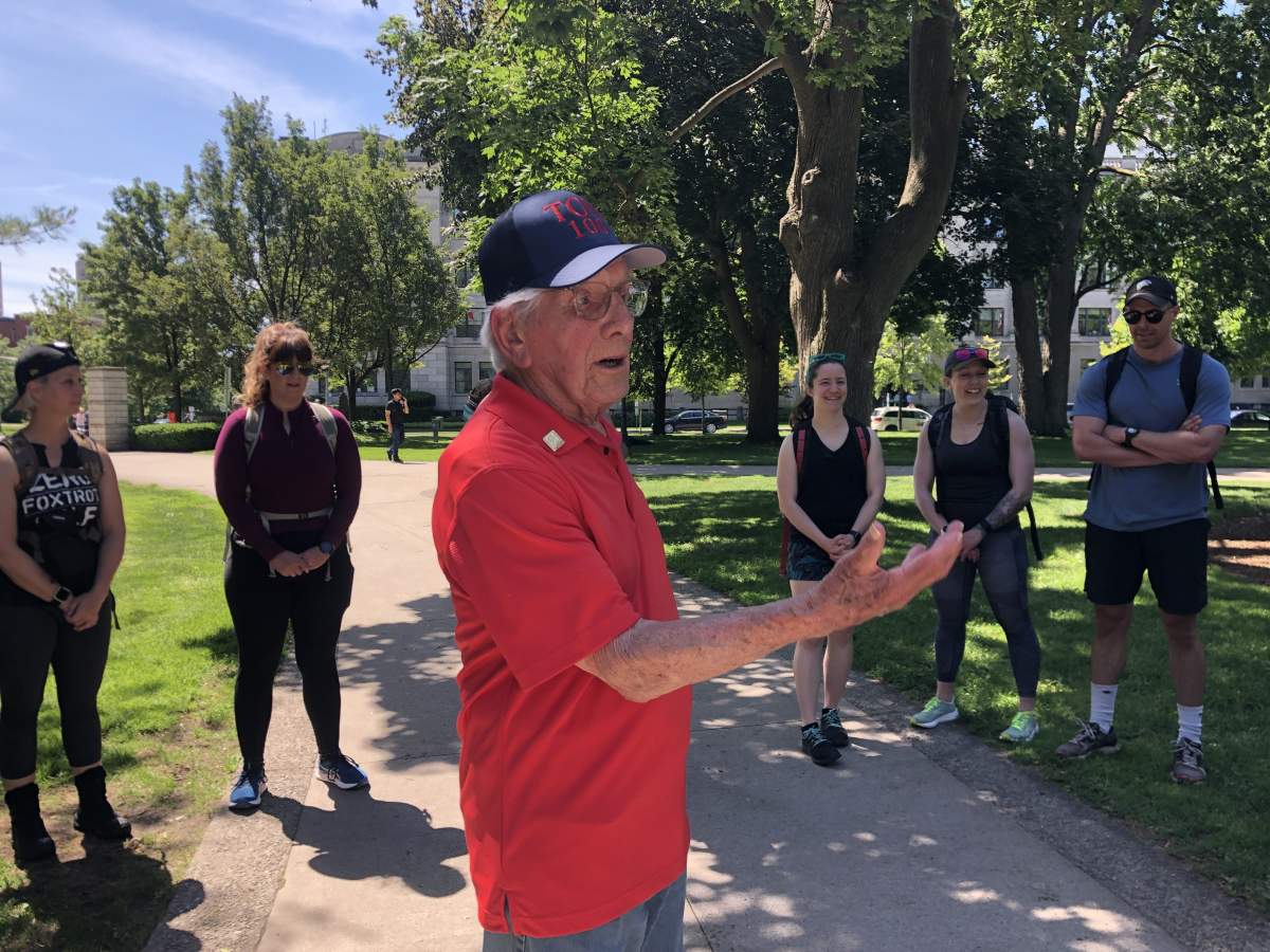 Tom Hennessy, 100, in London’s Victoria Park greeting group of veterans and first responders who came out to support him. June 14, 2022