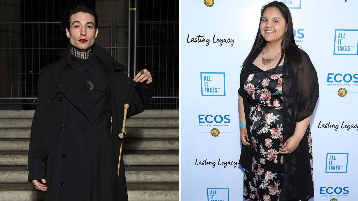 Ezra Miller (left) dressed in black and holding an umbrella at the Burberry closing party for Anne Imhof's Exhibition 'Natures Mortes'at Palais de Tokyo on October 18, 2021 in Paris, France. Tokata Iron Eyes (right) at the All It Takes Fundraiser Dinner on April 28, 2018 in Cypress, California.