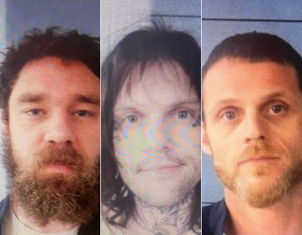 From left to right: Matthew Crawford, Lance Stephens, and Christopher Blevins. These three men escaped from the Barry County Jail on Friday after digging holes in the ceilings of their cells.