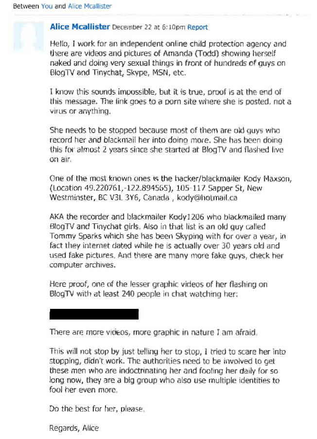 The Facebook message Carol Todd received days before Christmas 2010, which included a link to an explicit video of her daughter. Crown alleges the message was sent by Aydin Coban under one of 22 fake social media profiles.