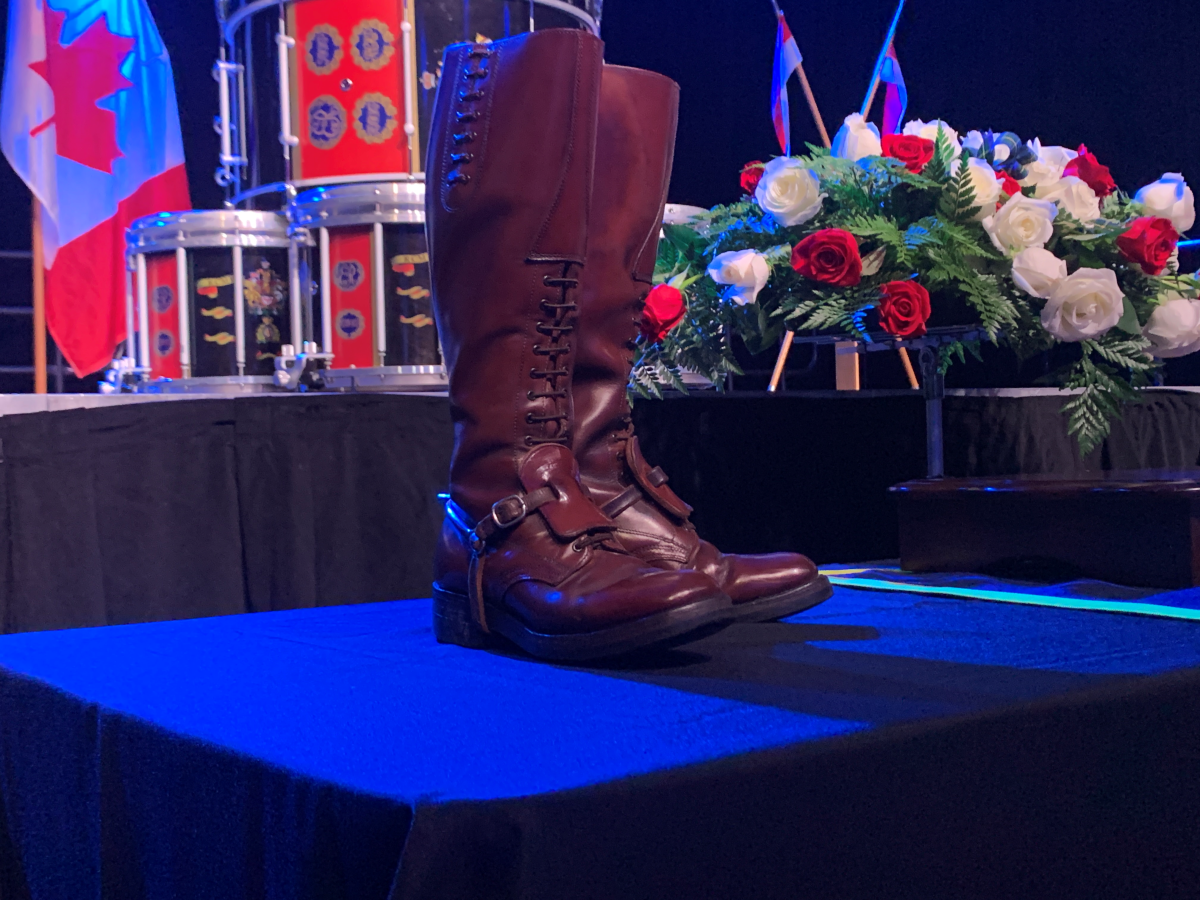Stevenson’s boots are shown at Cole Harbour Place ahead of the service Wednesday.