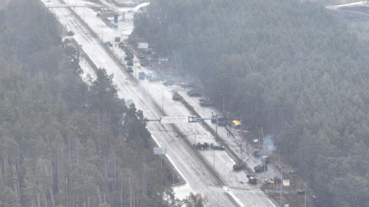 Russian military vehicles approaching Kyiv seen in drone image taken by 15-year-old Andrii Pokrasa.