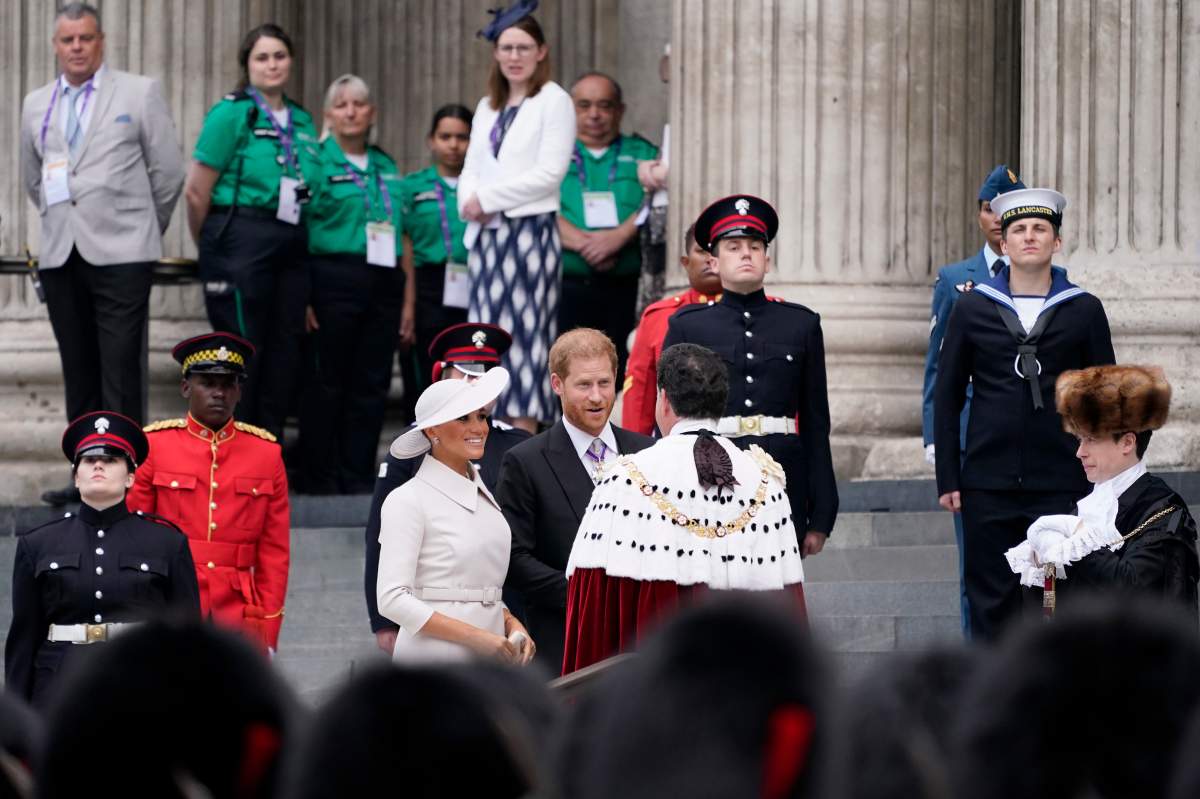 Prince Harry and his wife Meghan, Duchess of Sussex, arrive for a service of thanksgiving for the reign of Queen Elizabeth II at St Paul’s Cathedral in London, Friday, June 3, 2022 on the second of four days of celebrations to mark the Platinum Jubilee. (AP Photo/Alberto Pezzali)