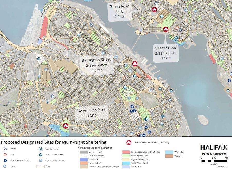A map of the proposed tent sites for multi-night sheltering in HRM parks.