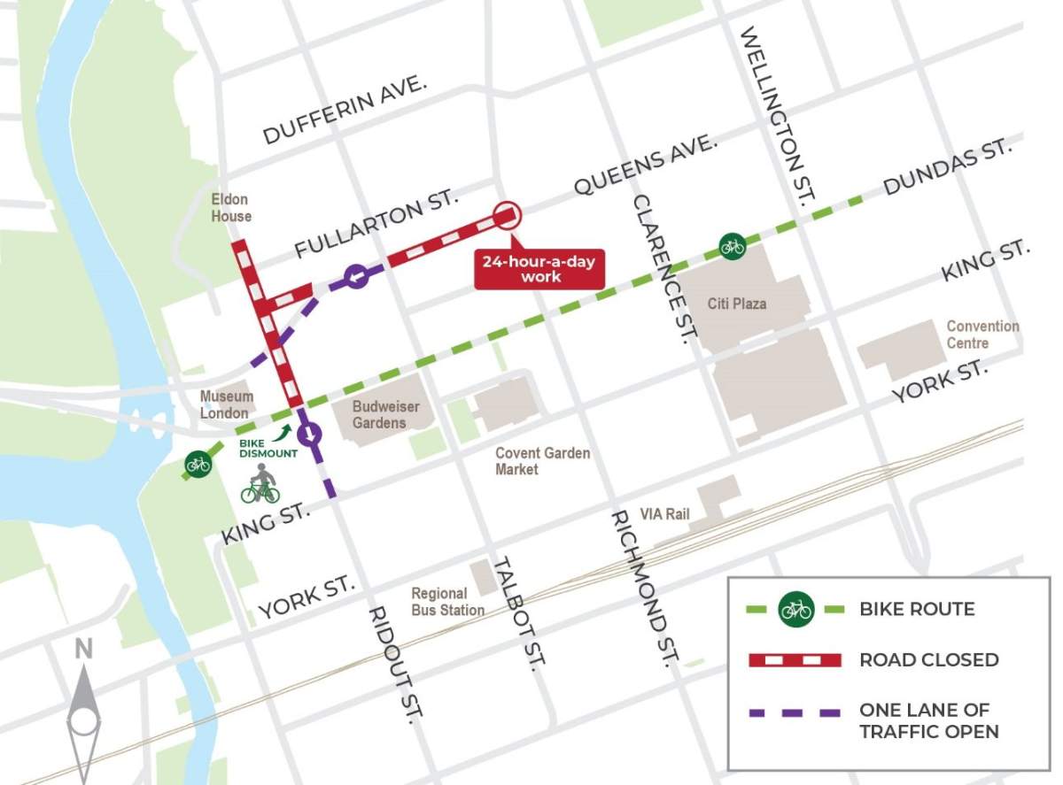 The 24-hour work at the intersection of Richmond and Queens is expected to run until at least Saturday, according to the city.