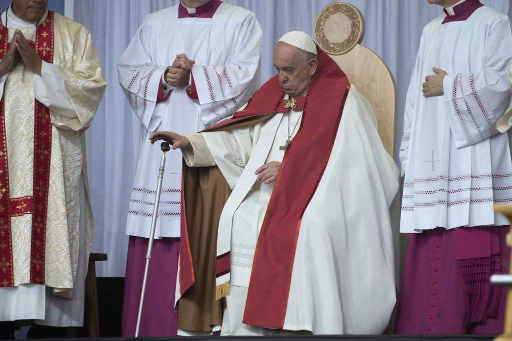 Pope Francis presides over a mass at the the Commonwealth Stadium in Edmonton, Canada, Tuesday, July 26, 2022.