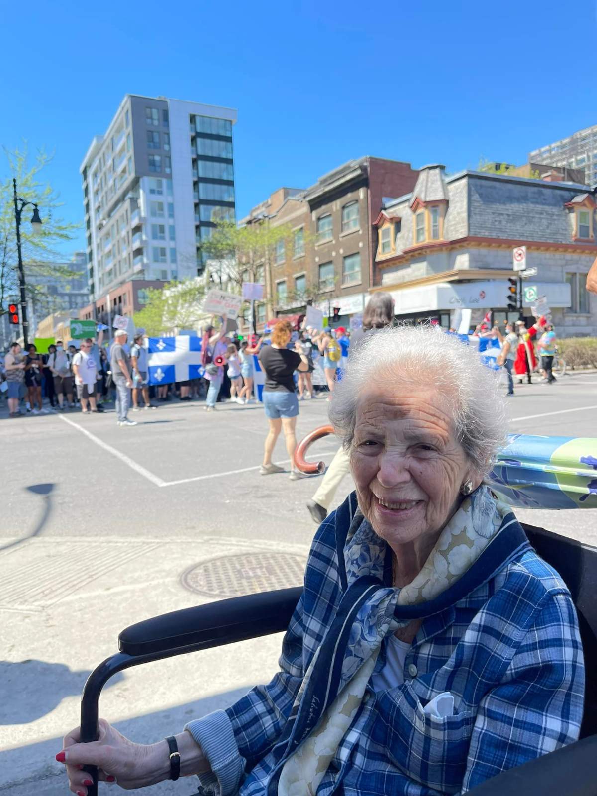 Sheila Goldbloom at a Bill 96 rally in Montreal on May 26, 2022.