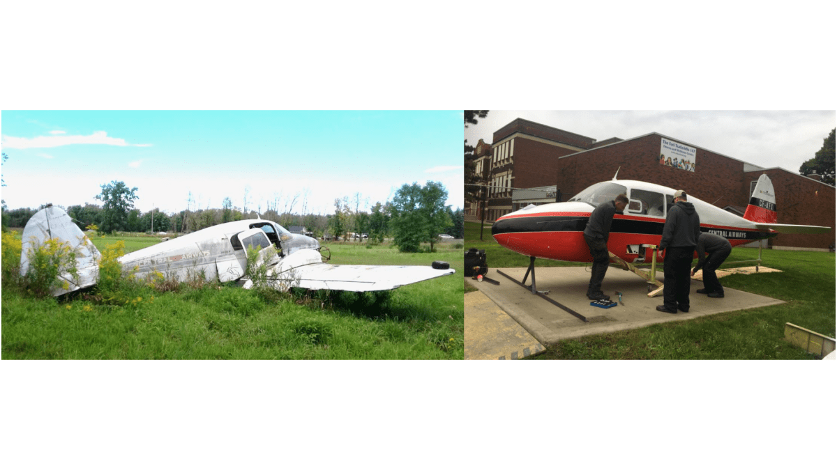 Before and after photos of a reconstructed 1956 Piper plane originally owned by Central Airways. The plane once operated out of the Centre Island Airport on Toronto Island.