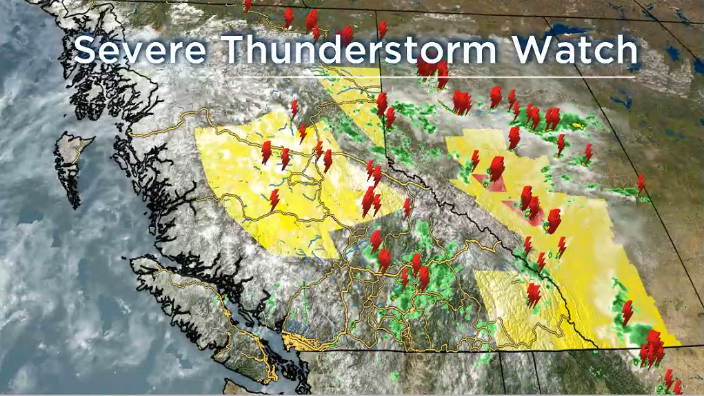 A graphic showing regions in B.C. and Alberta that are under a severe thunderstorm watch for Thursday, July 7, 2022.