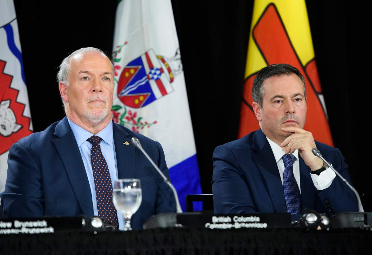 B.C. Premier John Horgan and Alberta Premier Jason Kenney at the 2019 premiers meetings.