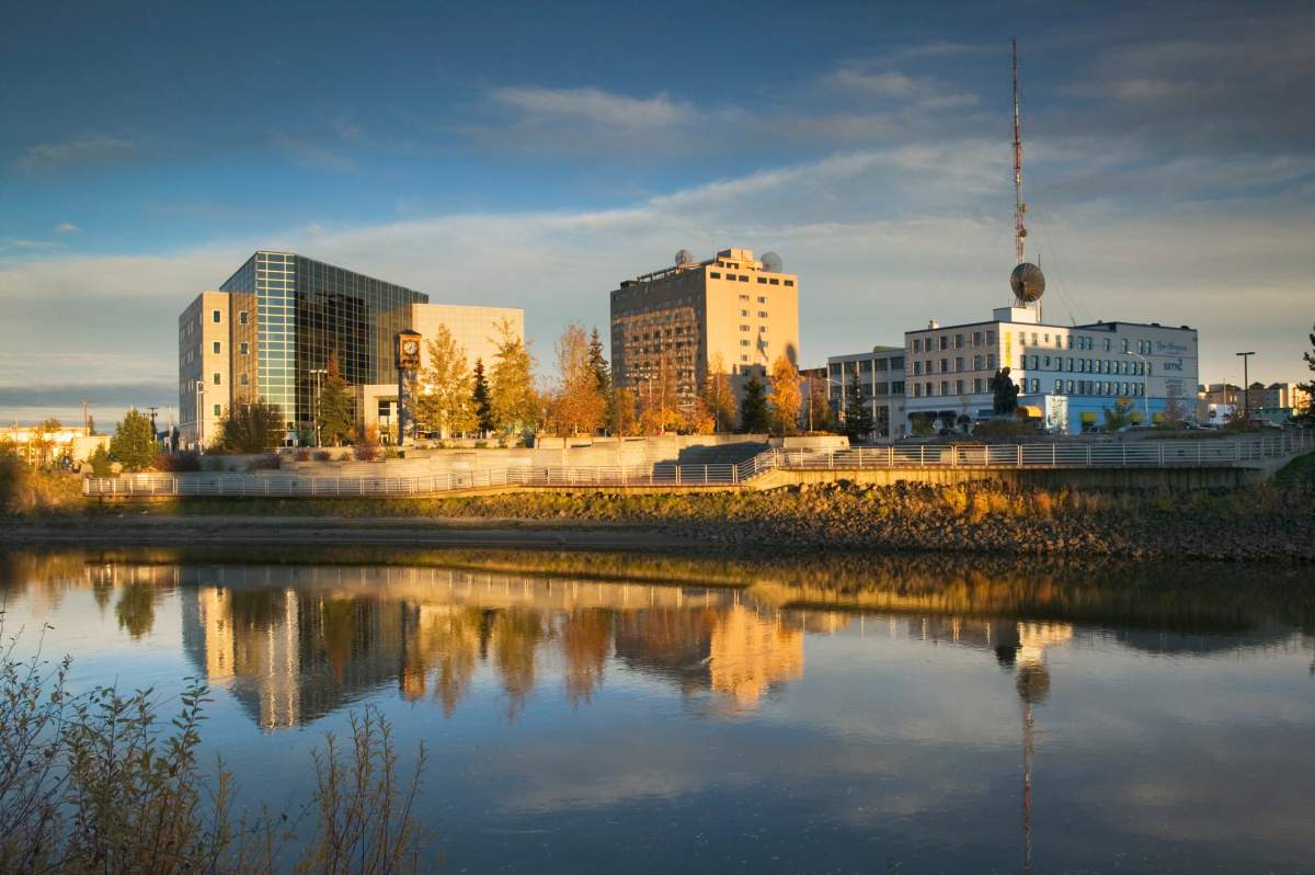 Cityscape of Fairbanks, Alaska along the Chena River.