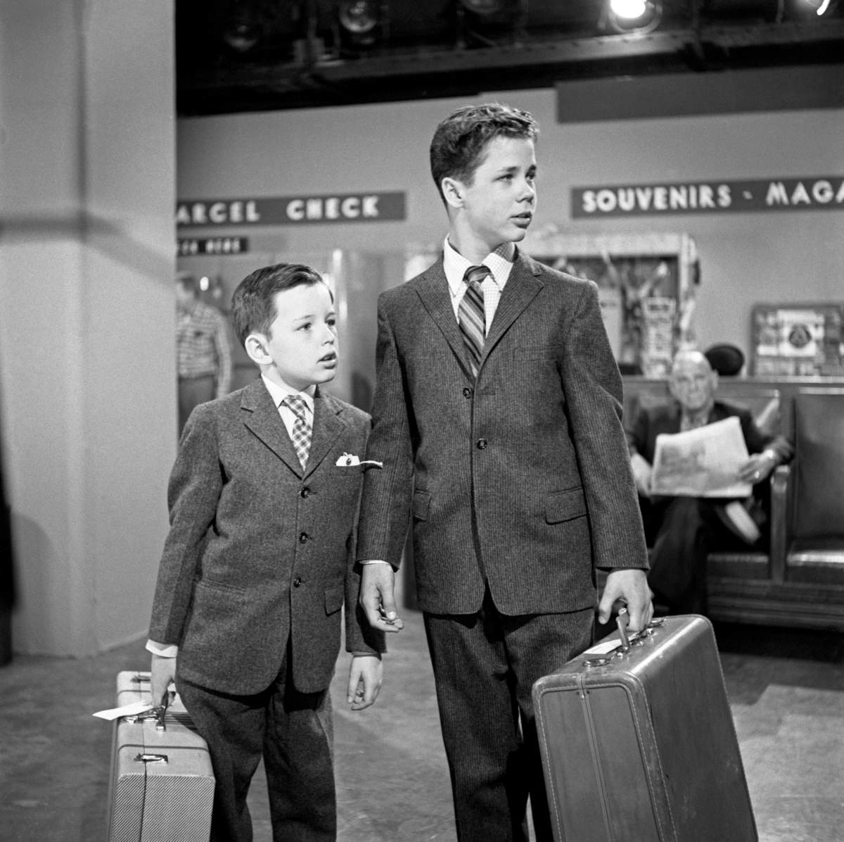 Jerry Mathers (as Theodore Cleaver) and Tony Dow (as Wally Cleaver) star in the CBS television situation comedy "Leave It To Beaver" episode 'Train Trip.' Image dated: February 28, 1958.