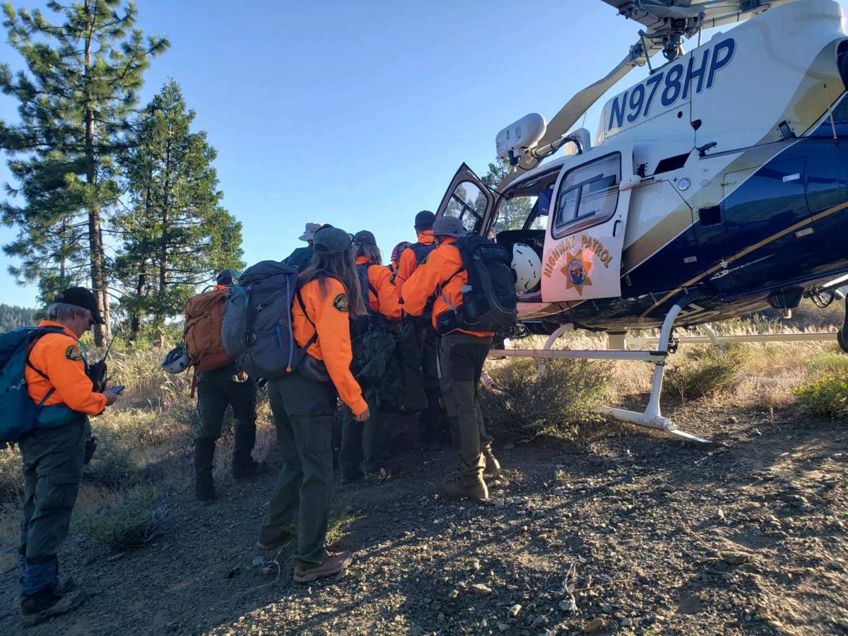 Search and rescue members loading an injured 53-year-old man into an helicopter after his dog Saul alerted the rescue team to his location.