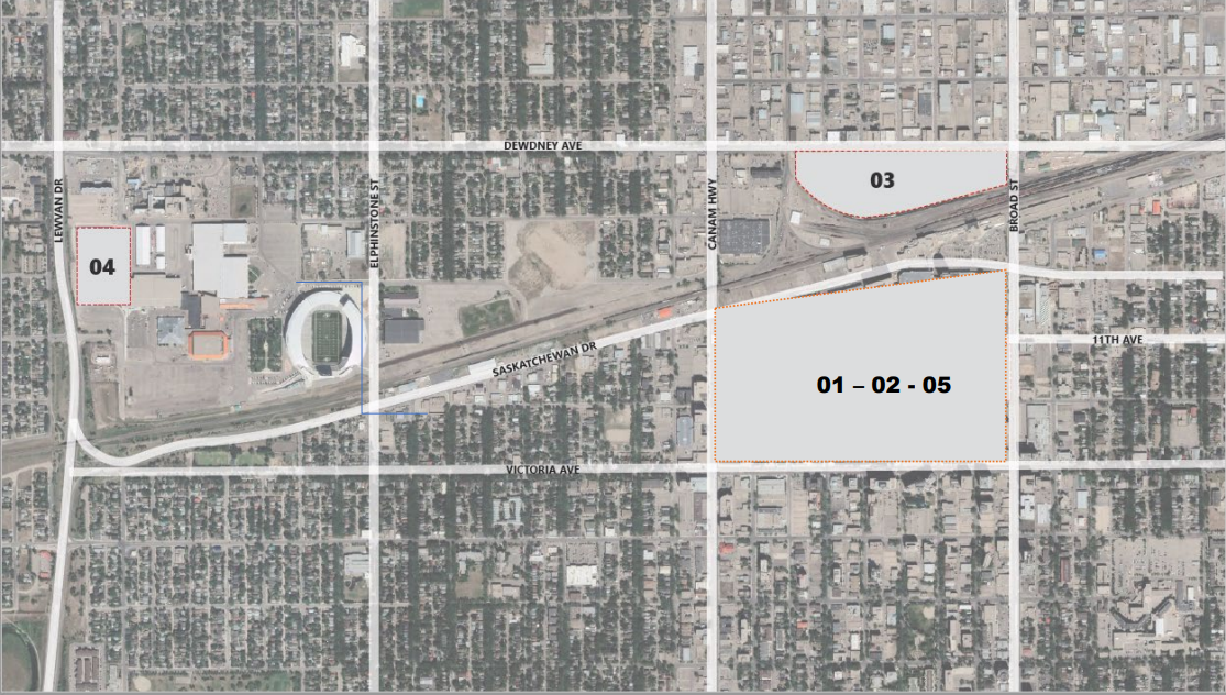 This image shows five potential locations for the proposed Regina Entertainment District plans.
