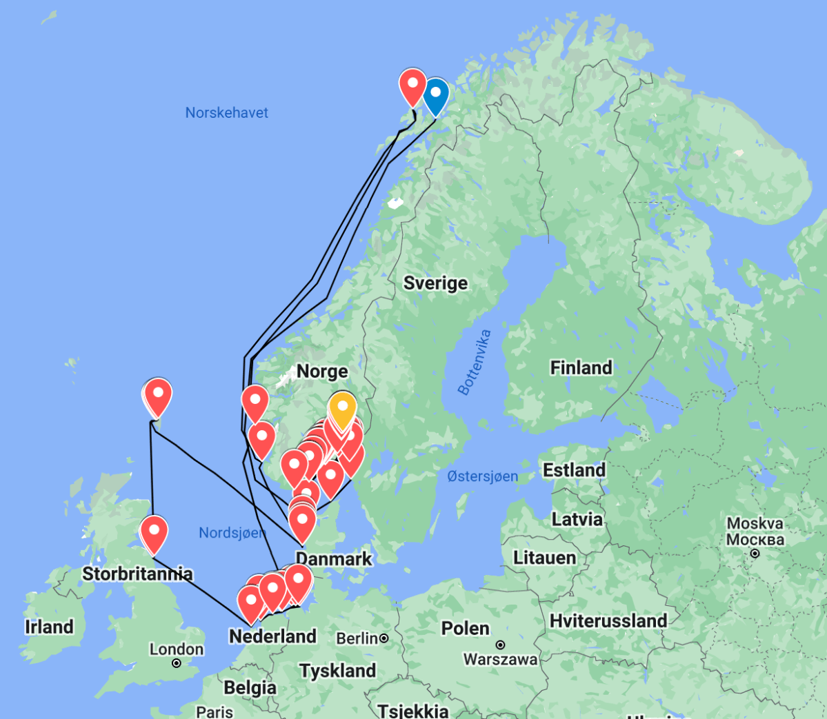 Screenshot of an interactive map made by doctoral student Rune Aae, showing the locations Freya the walrus has visited in the past couple of years.
