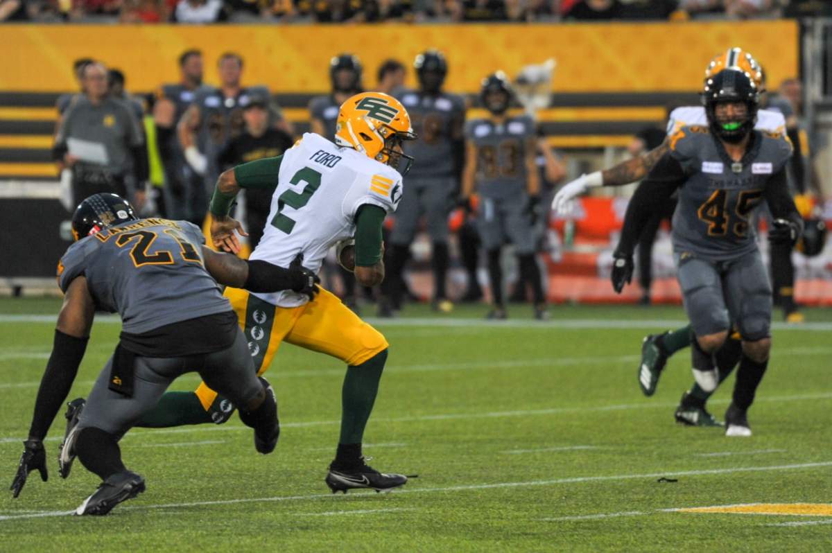 Tre Ford rushes for a first down against the Tiger-Cats