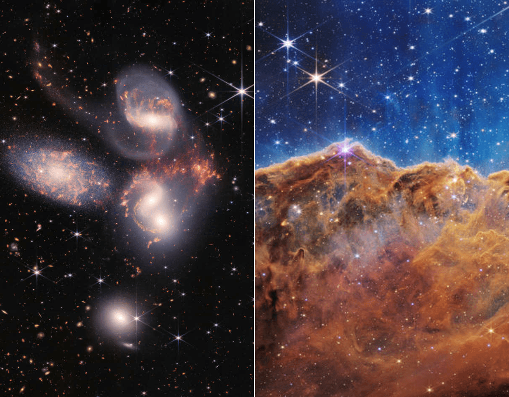 Two of the brilliant images released by NASA show Stephan's Quintet (L) and the Carina Nebula (R).