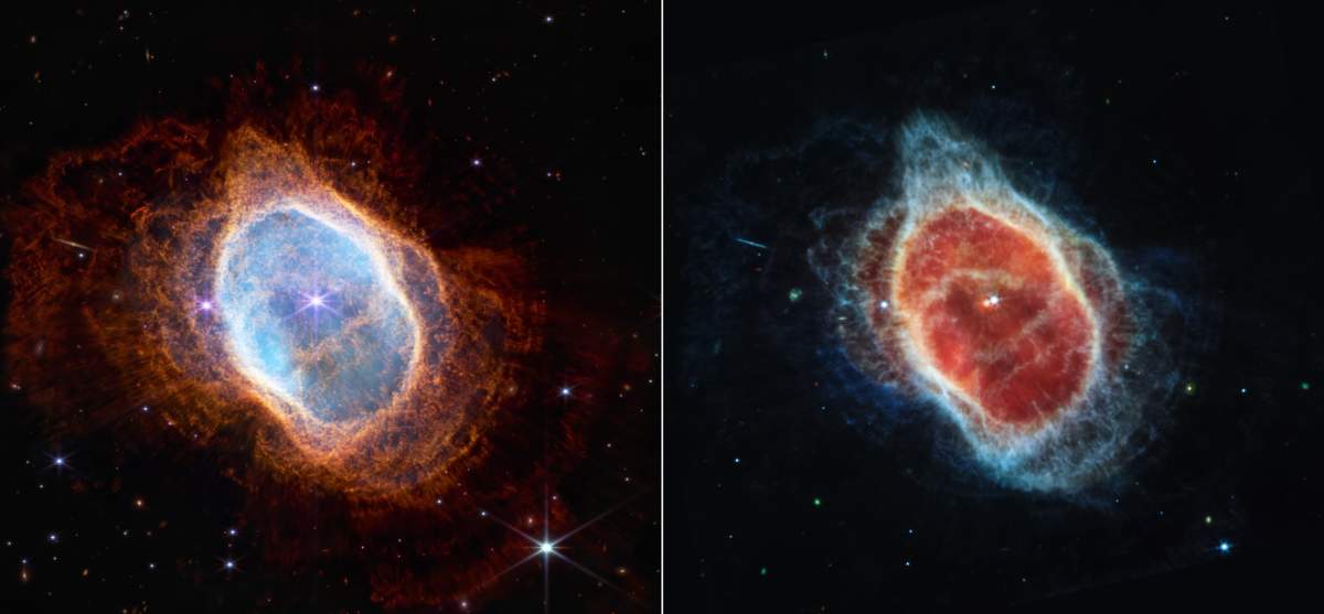 The dimmer star at the center of this scene has been sending out rings of gas and dust for thousands of years in all directions.