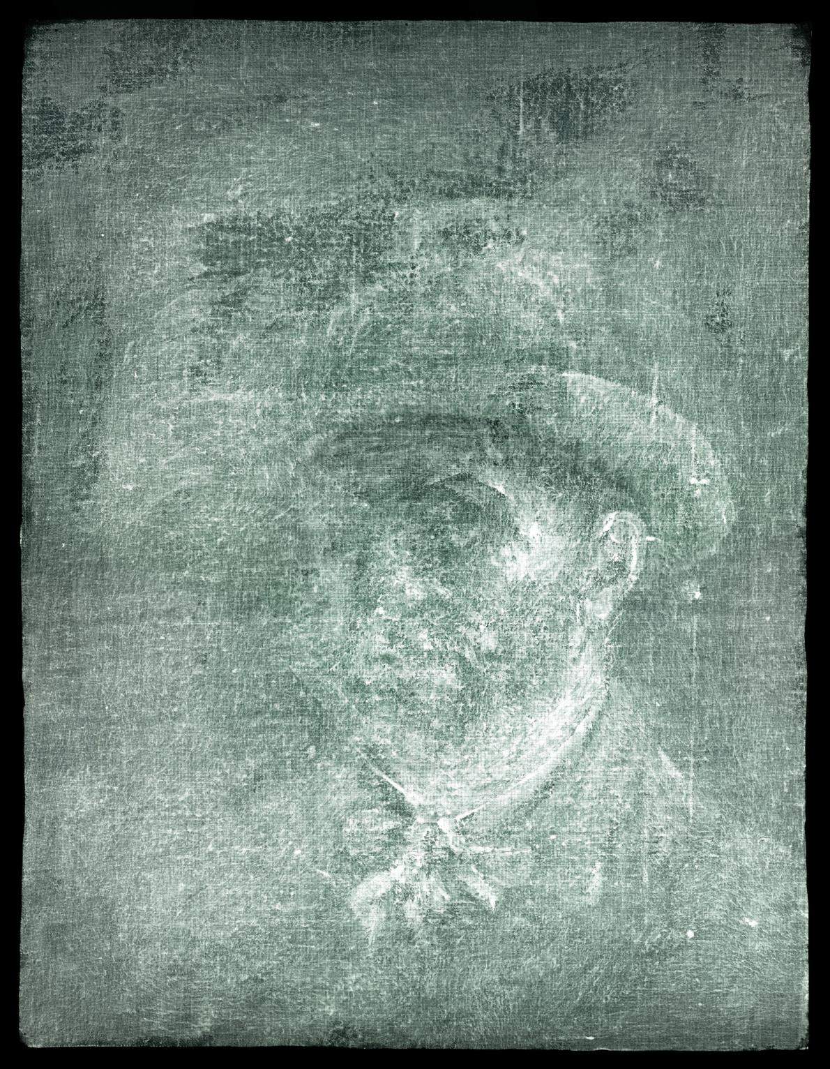 The image is black and white, and in grainy focus. Vincent Van Gogh self-portrait revealed by an X- ray of Head of a Peasant Woman, 1885.