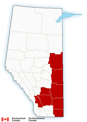 A map of heat warnings in Alberta, issued by Environment and Climate Change Canada on the morning of July 12, 2022.