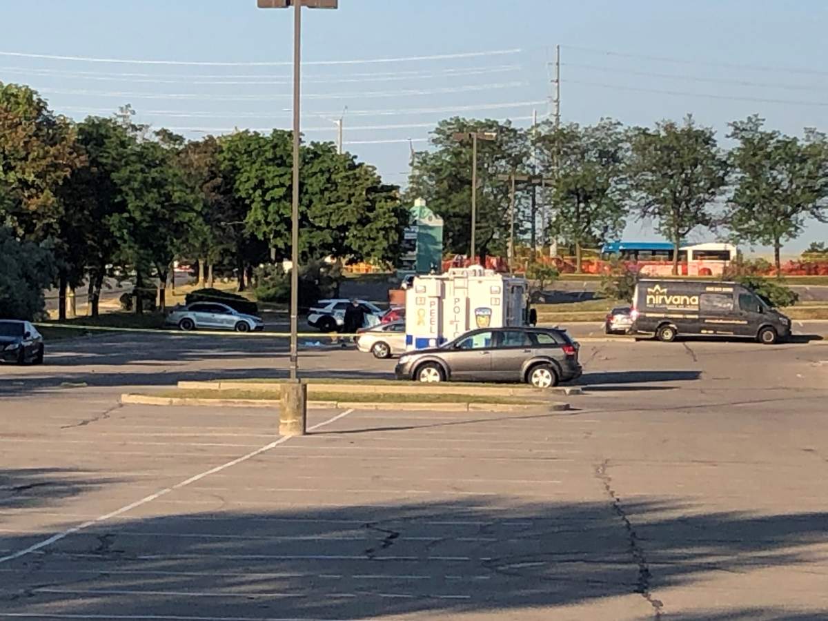 Police on scene following a stabbing homicide near Britannia and Hurontario in Mississauga on July 4, 2022.