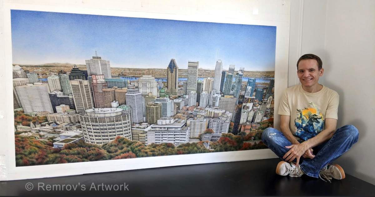 Casey Vormer and his drawing of downtown Montreal.