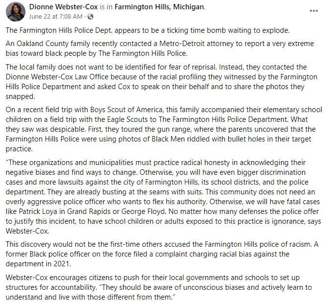 A screengrab of Dionne Webster-Cox's Facebook post
