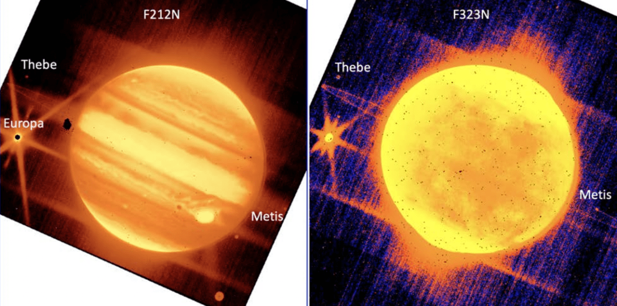 Two photos of Jupiter, taken by the James Webb Space Telescope. The left image was taken using a NIRCam (Near Infrared Camera) to examine the planet's short wavelengths of light. The right image was taken with a filter that highlights long wavelengths.