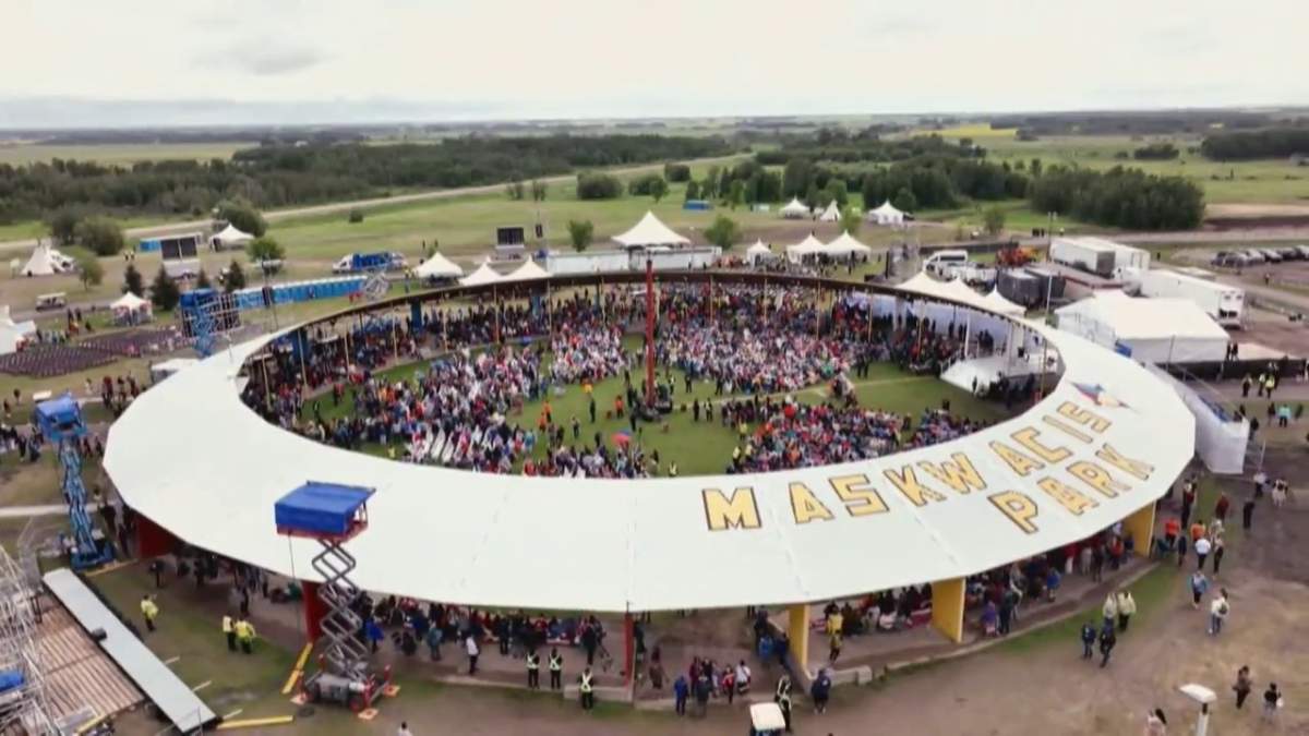 Crowds gather to see Pope Francis speak in Maskwacis, Alta., Monday, July 25, 2022.