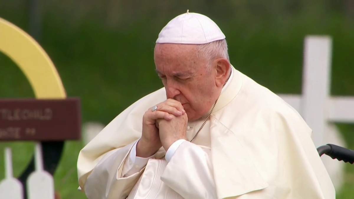 Pope Francis takes a moment at the Ermineskin Cemetery in Maskwacis, Alta., Monday, July 25, 2022.