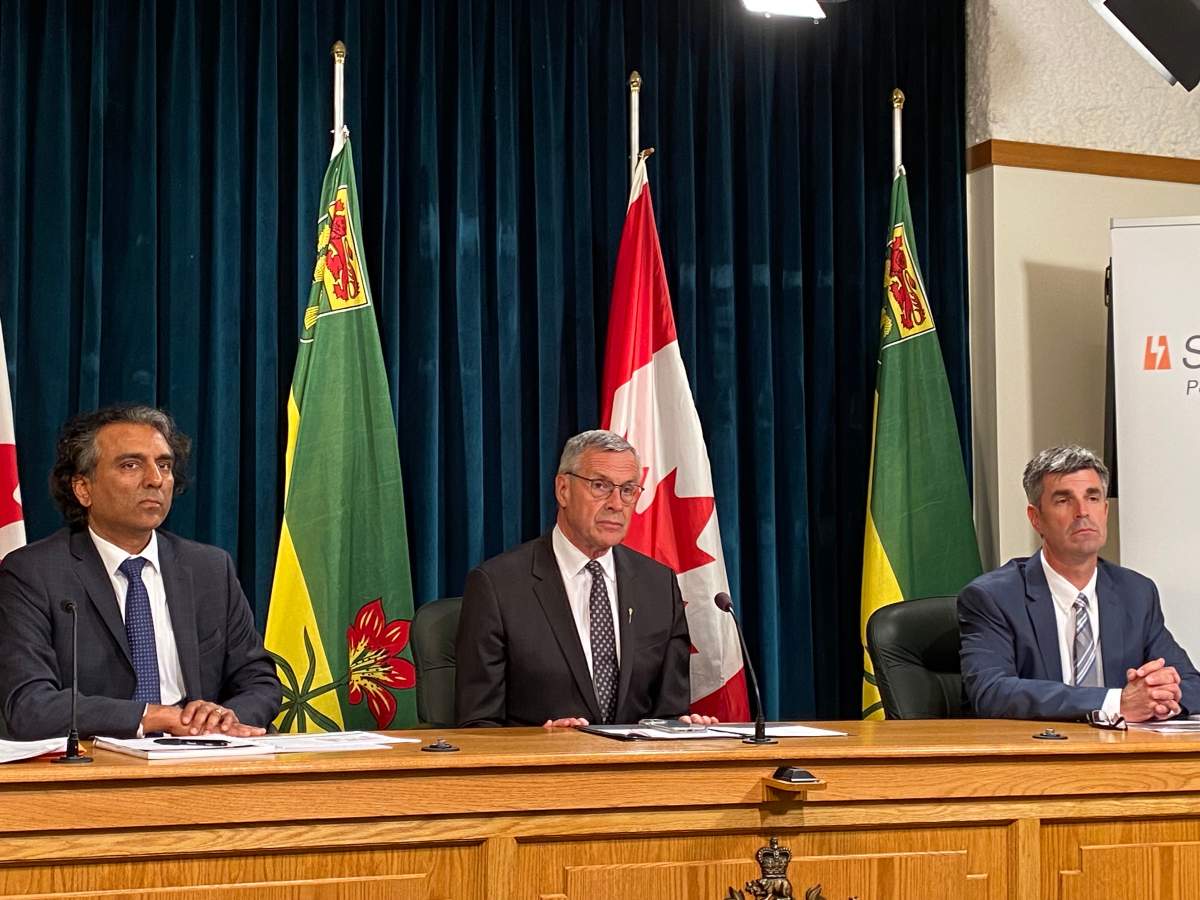 SaskPower’s 2021-2022 annual report was presented on Wednesday by SaskPower CEO Rupen Pandya (left), minister responsible for SaskPower Don Morgan (middle) and SaskPower CFO Troy King (right).