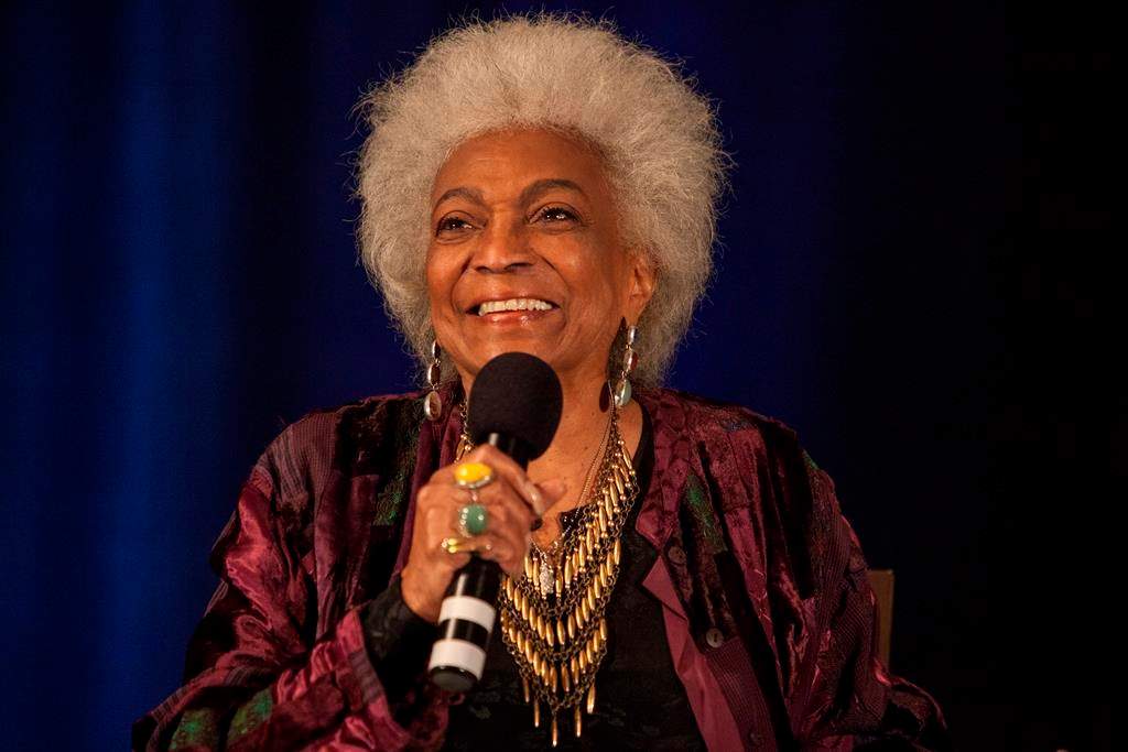 Actor Nichelle Nichols speaks during the Creation Entertainment's Official Star Trek Convention at The Westin O'Hare in Rosemont, Ill., Sunday, June 8, 2014.