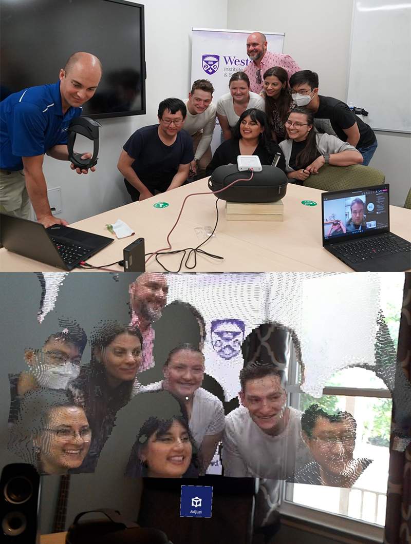 The Western group poses in front of a special holographic camera used in the demonstration. At bottom is a rough approximation of what the participant in Alabama would see wearing the HoloLens. (Western officials note that the image the HoloLens wearer would see would be much clearer in reality.)