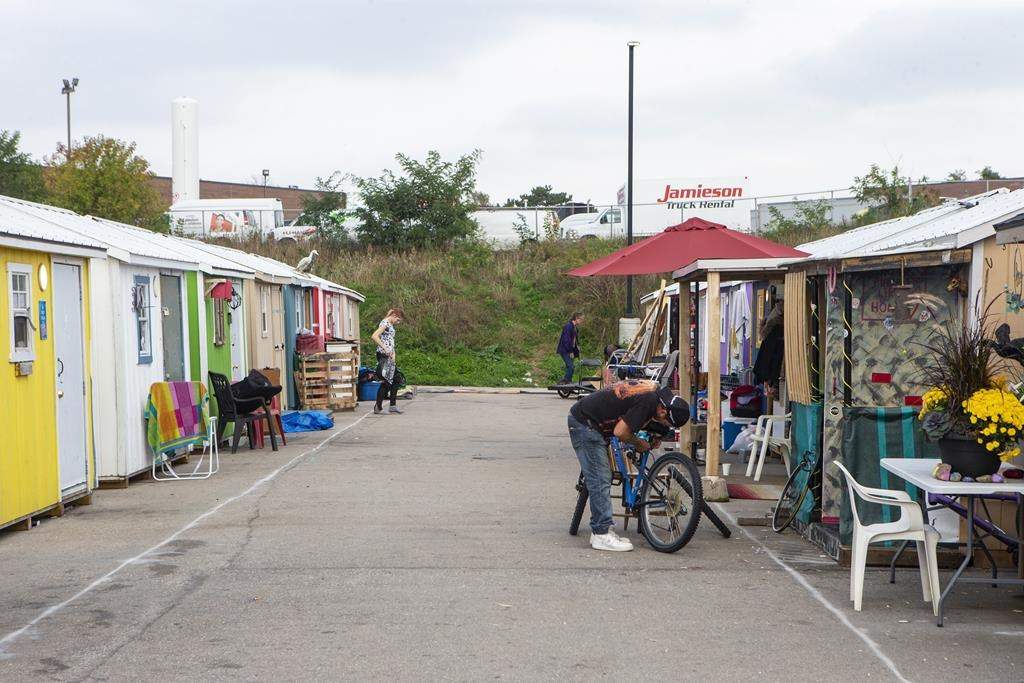 A general view of the A Better Tent City community in Kitchener, Ont., on Thursday, Oct. 14, 2021.
