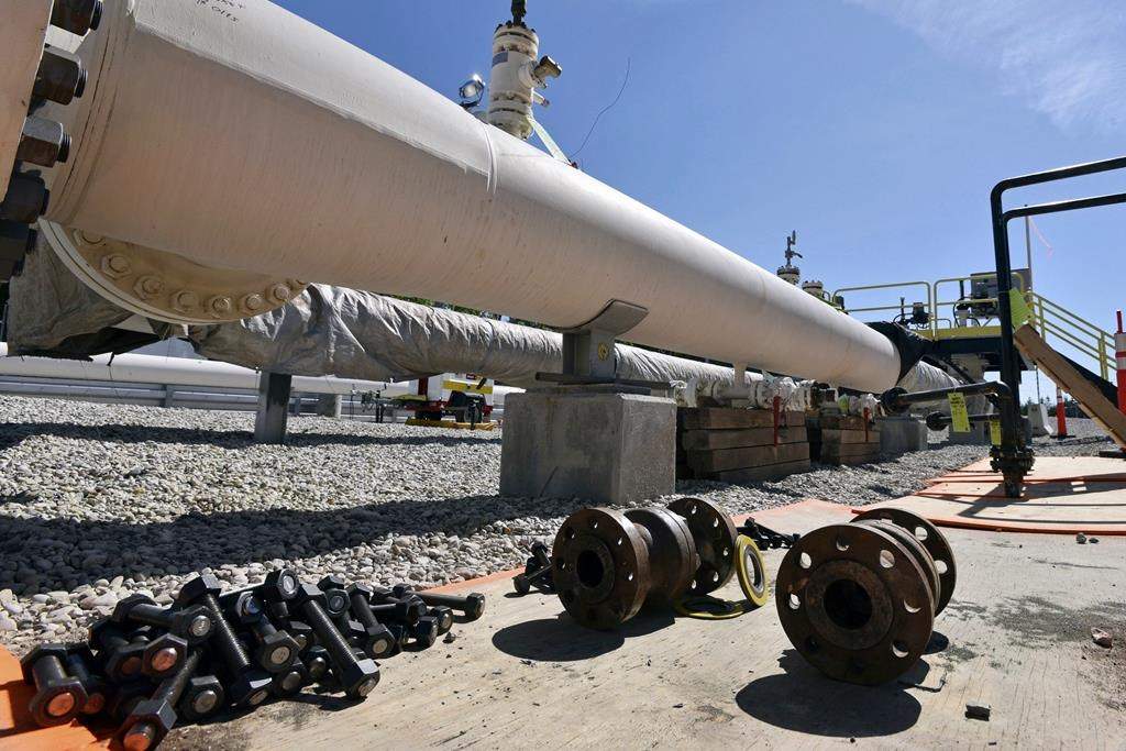 FILE - Nuts, bolts and fittings are ready to be added to the east leg of the pipeline near St. Ignace, Mich., as Enbridge Inc., prepares to test the east and west sides of the Line 5 pipeline under the Straits of Mackinac in Mackinaw City, Mich., June 8, 2017.