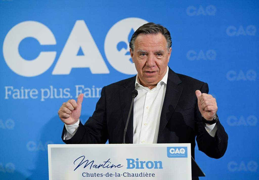 Coalition Avenir Quebec leader Francois Legault speaks in Levis, Que., Wednesday, August 10, 2022. THE CANADIAN PRESS/Jacques Boissinot