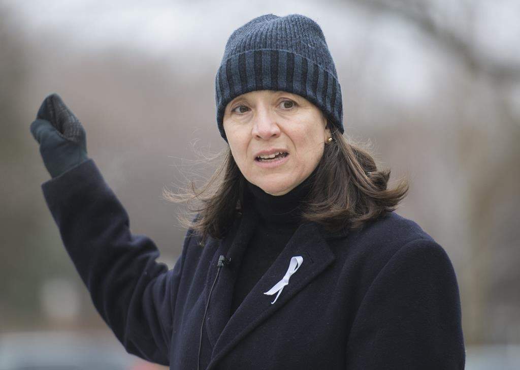 Nathalie Provost, a survivor of the École Polytechnique shooting in 1989 speaks during an event in Montreal, Sunday, Dec. 6, 2020.  