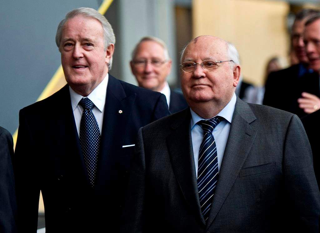 Former Soviet president Mikhail Gorbachev arrives to deliver a luncheon speech accompanied by former prime minister Brian Mulroney Friday, October 21, 2011 in Montreal. Gorbachev, the last leader of the Soviet Union, died Tuesday. He was 91.THE CANADIAN PRESS/Paul Chiasson