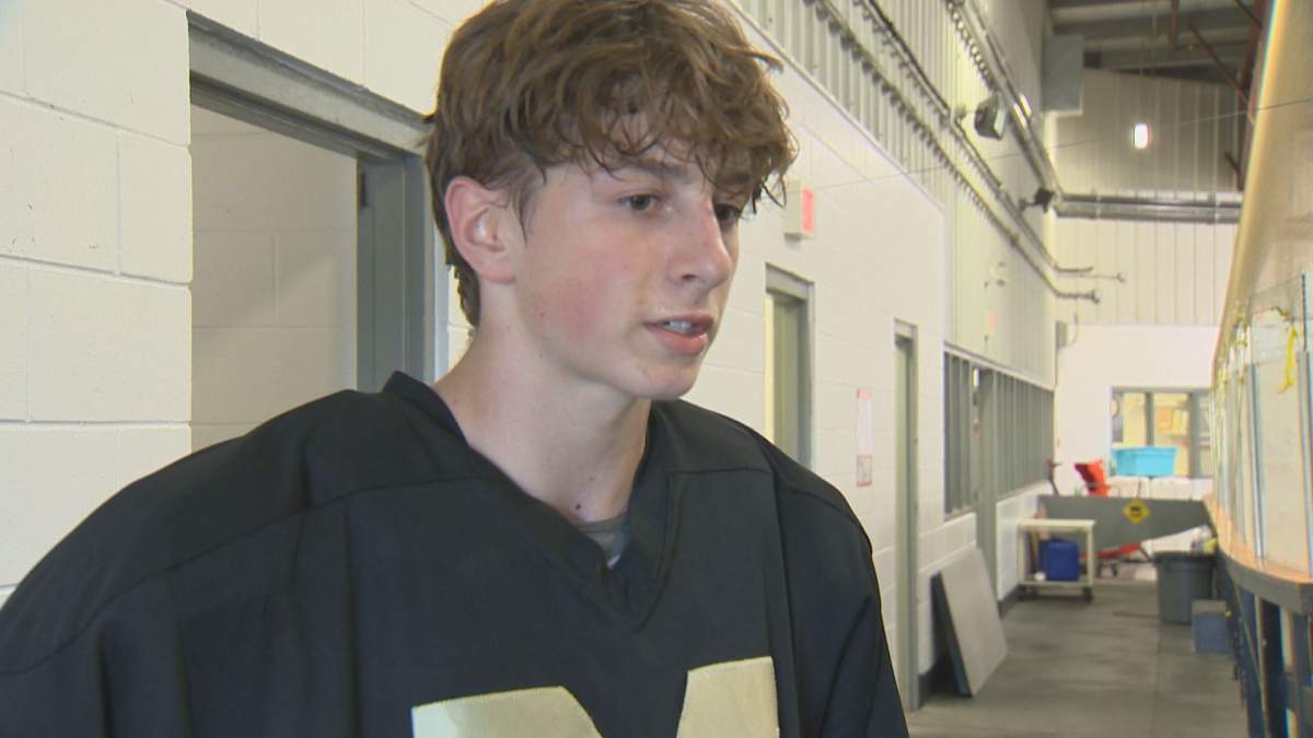 Team Manitoba defender Zach Tinley chats with Global News before a practice at Maples Multiplex.
