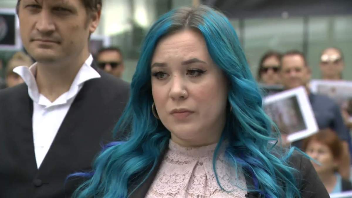 Amy Soranno, convicted in relation to a protest at the Excelsior hog farm in Abbotsford in 2019, spoke to the media before her sentencing hearing began on Aug. 26, 2022.