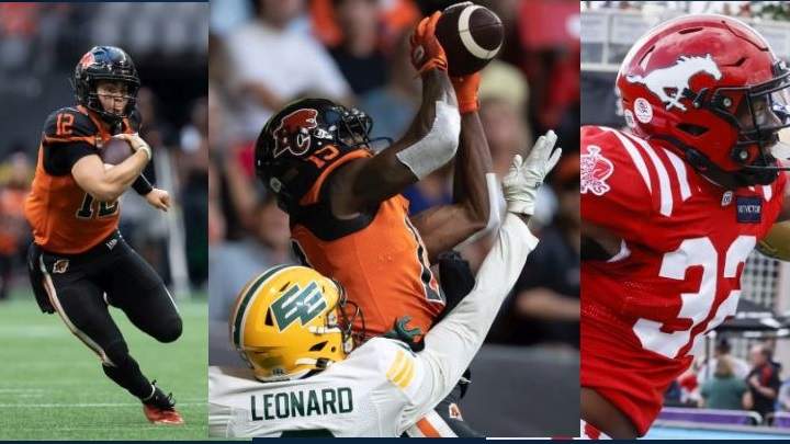 Quarterback Nathan Rourke (left) and receiver Dominque Rhymes (centre), both of the B.C. Lions, and defensive back Titus Wall (right) of the Calgary Stampeders were named the top performers for Week 9 of the CFL season Tuesday.